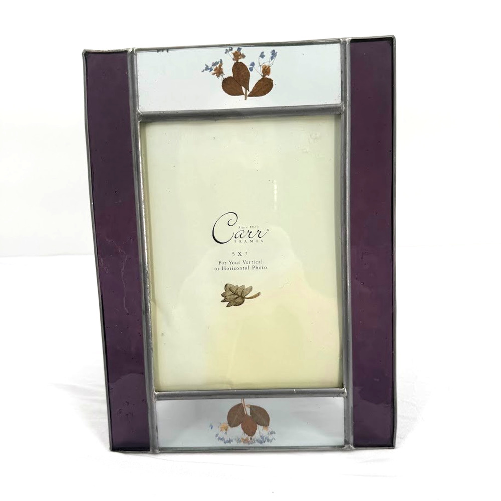 Vintage 1999 Carr Burnes Boston Stained Glass 5x7 Frame Pressed Flowers Purple